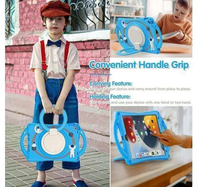 Alt view image 4 of 7 - 3D Cute Cartoon Astronaut Case for iPad 9th 8th 7th Generation 10.2,Silicone Kids Boys Spaceman Case with Pencil Holder,Carrying Strap,Handle Grip,Kickstand for iPad Air 3/Pro 10.5-Light Blue