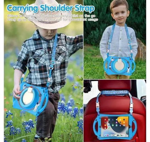 Alt view image 5 of 7 - 3D Cute Cartoon Astronaut Case for iPad 9th 8th 7th Generation 10.2,Silicone Kids Boys Spaceman Case with Pencil Holder,Carrying Strap,Handle Grip,Kickstand for iPad Air 3/Pro 10.5-Light Blue