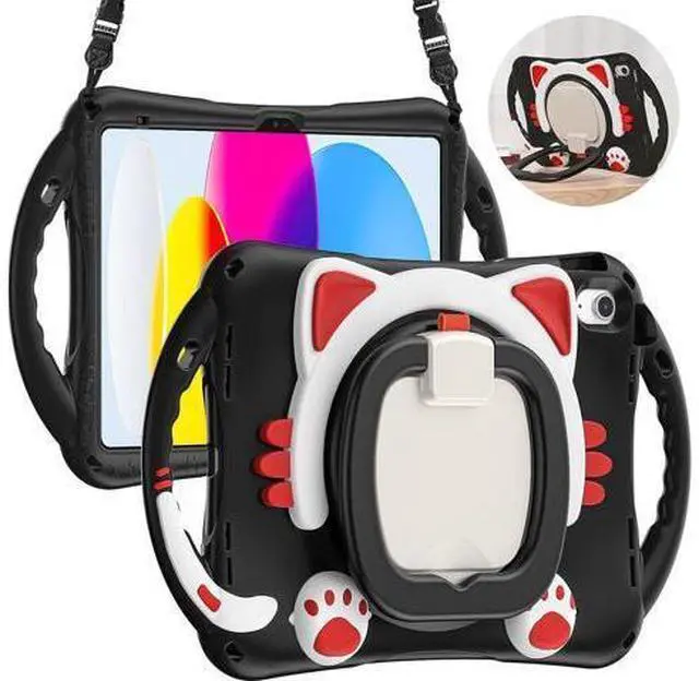 Main image of Cute Cat Case for iPad 10th Generation 10.9 Inch 2022, Silicone Kids Girls Case with Pencil Holder,Carrying Shoulder Strap,Handle Grip,Kickstand for iPad 10th Gen A2696 A2757 A2777-Black Red