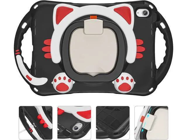 Alt view image 3 of 7 - Cute Cat Case for iPad 10th Generation 10.9 Inch 2022, Silicone Kids Girls Case with Pencil Holder,Carrying Shoulder Strap,Handle Grip,Kickstand for iPad 10th Gen A2696 A2757 A2777-Black Red