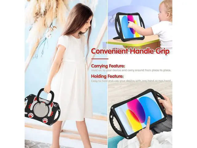 Alt view image 5 of 7 - Cute Cat Case for iPad 10th Generation 10.9 Inch 2022, Silicone Kids Girls Case with Pencil Holder,Carrying Shoulder Strap,Handle Grip,Kickstand for iPad 10th Gen A2696 A2757 A2777-Black Red