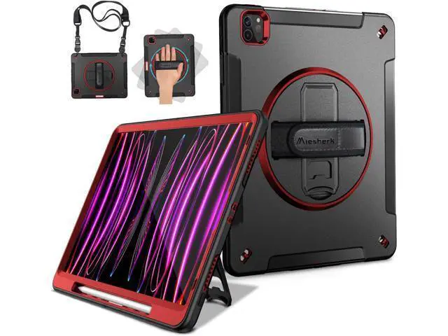 Alt view image 7 of 7 - Case for iPad Pro 12.9 Case 2022/2021: Military Grade Heavy Duty Shockproof Cover for iPad Pro 12.9 Inch 6th/5th Generation- Pencil Holder - Rotating Stand - Hand/Shoulder Strap - Red