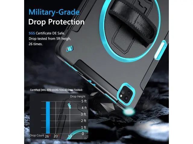 Alt view image 2 of 7 - Case for iPad Pro 12.9 Case 2022/2021: Military Grade Heavy Duty Shockproof Cover for iPad Pro 12.9 Inch 6th/5th Generation- Pencil Holder - Rotating Stand - Hand/Shoulder Strap - Blue