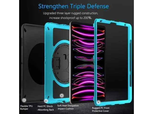 Alt view image 3 of 7 - Case for iPad Pro 12.9 Case 2022/2021: Military Grade Heavy Duty Shockproof Cover for iPad Pro 12.9 Inch 6th/5th Generation- Pencil Holder - Rotating Stand - Hand/Shoulder Strap - Blue