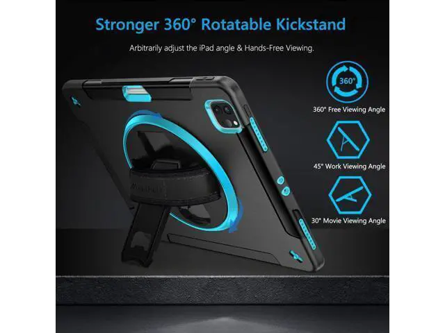Alt view image 4 of 7 - Case for iPad Pro 12.9 Case 2022/2021: Military Grade Heavy Duty Shockproof Cover for iPad Pro 12.9 Inch 6th/5th Generation- Pencil Holder - Rotating Stand - Hand/Shoulder Strap - Blue