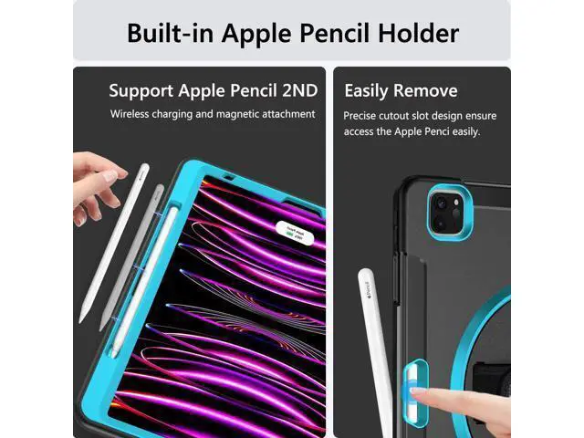 Alt view image 5 of 7 - Case for iPad Pro 12.9 Case 2022/2021: Military Grade Heavy Duty Shockproof Cover for iPad Pro 12.9 Inch 6th/5th Generation- Pencil Holder - Rotating Stand - Hand/Shoulder Strap - Blue