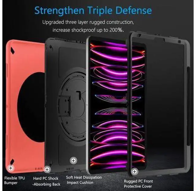 Alt view image 5 of 7 - Case for iPad Pro 12.9 Case 2022/2021: Military Grade Heavy Duty Shockproof Cover for iPad Pro 12.9 Inch 6th/5th Generation- Pencil Holder - Rotating Stand - Hand/Shoulder Strap - Green