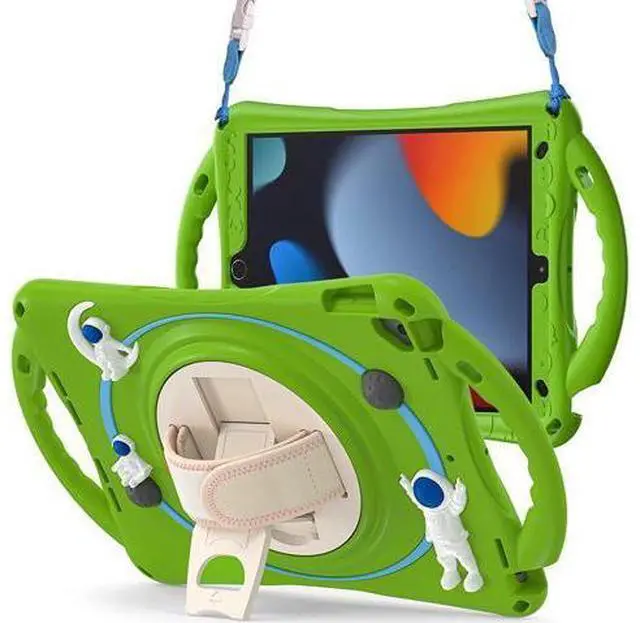 Main image of Kids Case for iPad 9th 8th 7th Generation 10.2'' 2021 2020 2019/iPad Air 10.5 /Pro 10.5, Shockproof Silicone Case with Stand Shoulder Strap Hand Strap Handle Grip Pencil Holder, Grass-Green