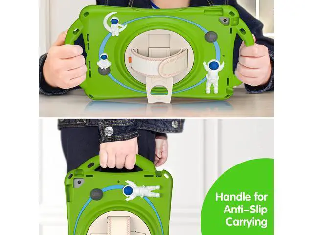 Alt view image 4 of 7 - Kids Case for iPad 9th 8th 7th Generation 10.2'' 2021 2020 2019/iPad Air 10.5 /Pro 10.5, Shockproof Silicone Case with Stand Shoulder Strap Hand Strap Handle Grip Pencil Holder, Grass-Green
