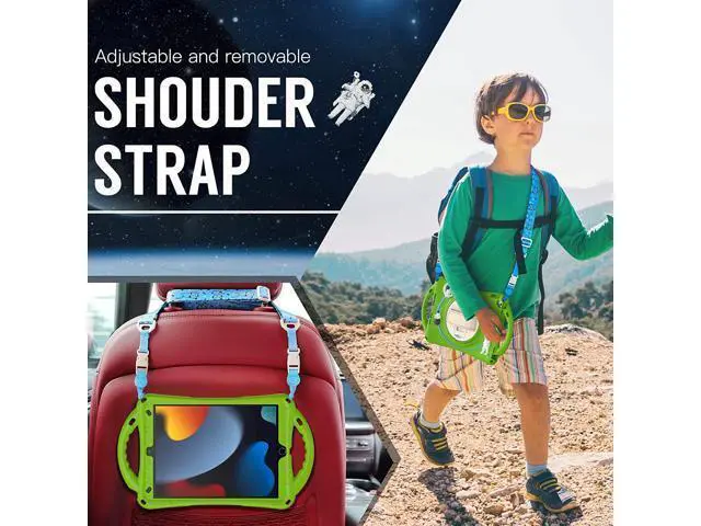 Alt view image 5 of 7 - Kids Case for iPad 9th 8th 7th Generation 10.2'' 2021 2020 2019/iPad Air 10.5 /Pro 10.5, Shockproof Silicone Case with Stand Shoulder Strap Hand Strap Handle Grip Pencil Holder, Grass-Green