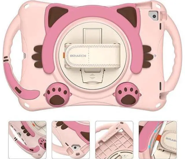 Alt view image 2 of 7 - Cute Case for Apple iPad 9th 8th 7th Generation 10.2 2021 2020 2019/iPad Air/Pro 10.5 2019/2017,Shockproof Silicone Kids Case with Stand Shoulder Strap Hand Strap Handle Grip Pencil Holder-Pink