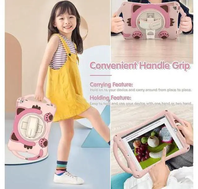 Alt view image 4 of 7 - Cute Case for Apple iPad 9th 8th 7th Generation 10.2 2021 2020 2019/iPad Air/Pro 10.5 2019/2017,Shockproof Silicone Kids Case with Stand Shoulder Strap Hand Strap Handle Grip Pencil Holder-Pink