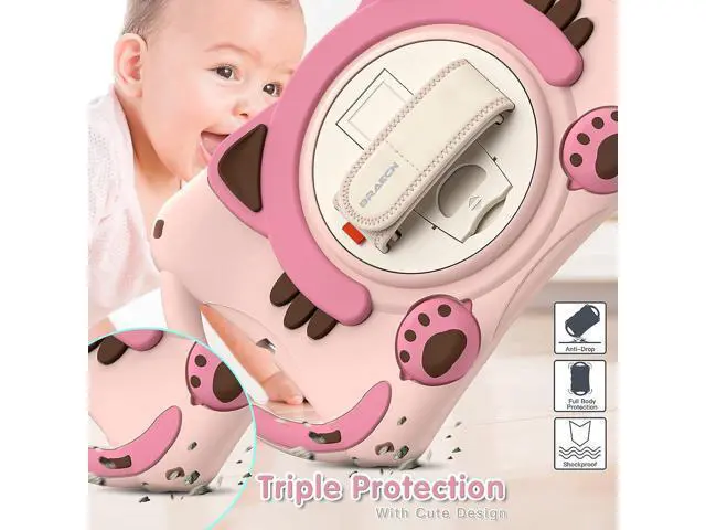 Alt view image 6 of 7 - Cute Case for Apple iPad 9th 8th 7th Generation 10.2 2021 2020 2019/iPad Air/Pro 10.5 2019/2017,Shockproof Silicone Kids Case with Stand Shoulder Strap Hand Strap Handle Grip Pencil Holder-Pink