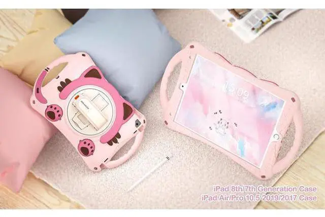 Alt view image 7 of 7 - Cute Case for Apple iPad 9th 8th 7th Generation 10.2 2021 2020 2019/iPad Air/Pro 10.5 2019/2017,Shockproof Silicone Kids Case with Stand Shoulder Strap Hand Strap Handle Grip Pencil Holder-Pink
