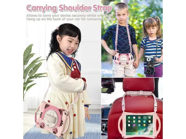 Alt view image 5 of 7 - Cute Case for Apple iPad 9th 8th 7th Generation 10.2 2021 2020 2019/iPad Air/Pro 10.5 2019/2017,Shockproof Silicone Kids Case with Stand Shoulder Strap Hand Strap Handle Grip Pencil Holder-Pink