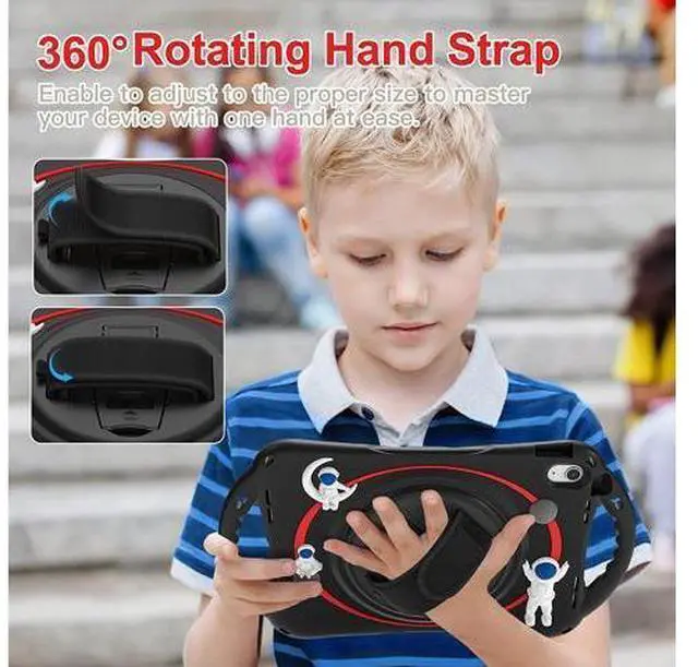 Alt view image 2 of 7 - iPad 10th Generation 10.9'' Kids Case, iPad 10th Gen 10.9 Rugged Shockproof Protective Rubber Case with Kickstand/Hand Strap/Shoulder Strap Handle Grip & Pencil Holder, Black