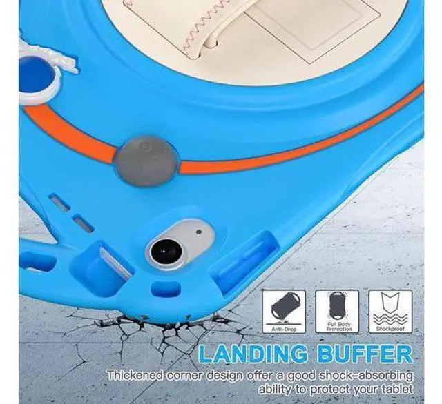 Alt view image 6 of 7 - iPad 10th Generation 10.9'' Kids Case, iPad 10th Gen 10.9 Rugged Shockproof Protective Rubber Case with Kickstand/Hand Strap/Shoulder Strap Handle Grip & Pencil Holder, Wathet