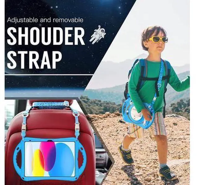 Alt view image 5 of 7 - iPad 10th Generation 10.9'' Kids Case, iPad 10th Gen 10.9 Rugged Shockproof Protective Rubber Case with Kickstand/Hand Strap/Shoulder Strap Handle Grip & Pencil Holder, Wathet