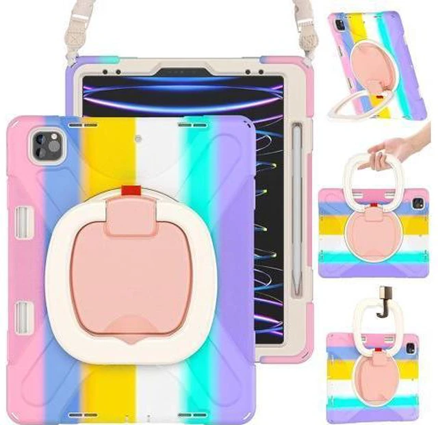 Main image of iPad Pro 12.9 Case 6th/5th/4th/3rd Generation 2022/2021/2020/2018, Heavy Duty Protection Silicone Case with 360°Swivel Ring Stand/Stable Kickstand/Shoulder Strap/Pencil Holder, Colorful Pink
