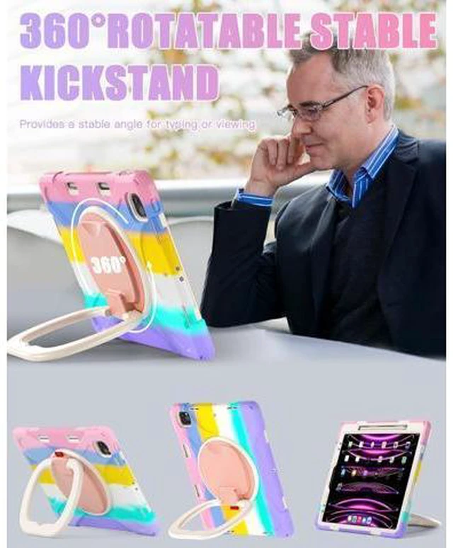 Alt view image 3 of 7 - iPad Pro 12.9 Case 6th/5th/4th/3rd Generation 2022/2021/2020/2018, Heavy Duty Protection Silicone Case with 360°Swivel Ring Stand/Stable Kickstand/Shoulder Strap/Pencil Holder, Colorful Pink