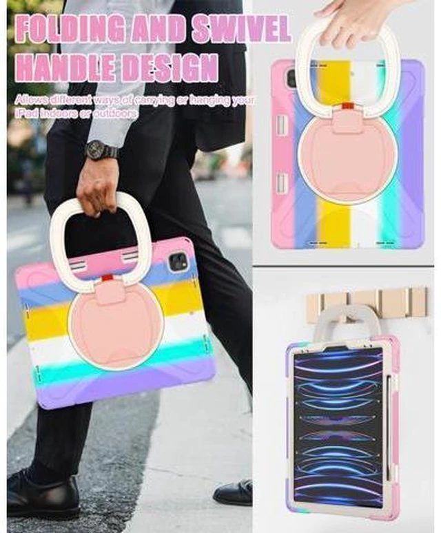 Alt view image 4 of 7 - iPad Pro 12.9 Case 6th/5th/4th/3rd Generation 2022/2021/2020/2018, Heavy Duty Protection Silicone Case with 360°Swivel Ring Stand/Stable Kickstand/Shoulder Strap/Pencil Holder, Colorful Pink