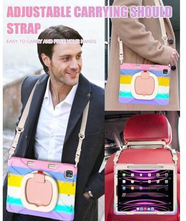 Alt view image 5 of 7 - iPad Pro 12.9 Case 6th/5th/4th/3rd Generation 2022/2021/2020/2018, Heavy Duty Protection Silicone Case with 360°Swivel Ring Stand/Stable Kickstand/Shoulder Strap/Pencil Holder, Colorful Pink
