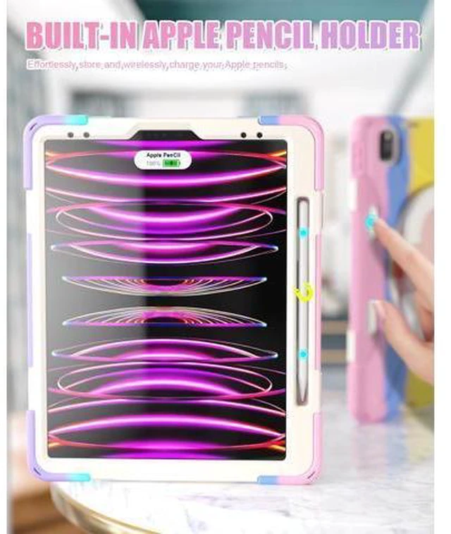 Alt view image 7 of 7 - iPad Pro 12.9 Case 6th/5th/4th/3rd Generation 2022/2021/2020/2018, Heavy Duty Protection Silicone Case with 360°Swivel Ring Stand/Stable Kickstand/Shoulder Strap/Pencil Holder, Colorful Pink