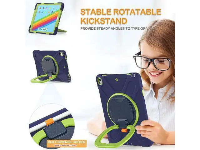 Alt view image 3 of 6 - iPad Air 3 10.5 Inch 2019 Case, Hybrid Shockproof Rugged Silicone Case with Pencil Holder, Folding Hand Grip, Stable Kickstand,Carrying Shoulder Strap for iPad Pro 10.5 2017 Tablet-Navy+Green
