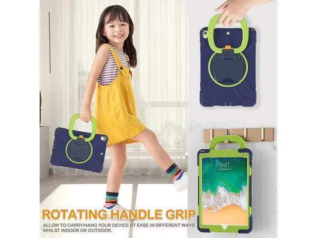 Alt view image 4 of 6 - iPad Air 3 10.5 Inch 2019 Case, Hybrid Shockproof Rugged Silicone Case with Pencil Holder, Folding Hand Grip, Stable Kickstand,Carrying Shoulder Strap for iPad Pro 10.5 2017 Tablet-Navy+Green