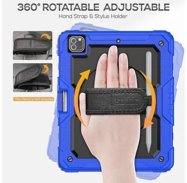 Alt view image 3 of 7 - iPad Pro 12.9 Case 2022/2021/ 2020/2018, Heavy Duty Protection Shockproof Case with Screen Protector, Rotating Stand/Handle/Shoulder Strap for iPad 12.9" 6th/ 5th/ 4th/ 3rd Gen, Blue