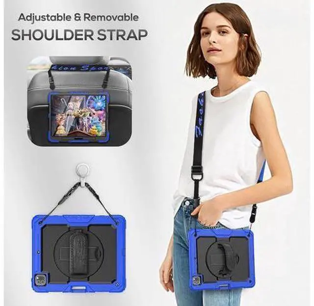 Alt view image 5 of 7 - iPad Pro 12.9 Case 2022/2021/ 2020/2018, Heavy Duty Protection Shockproof Case with Screen Protector, Rotating Stand/Handle/Shoulder Strap for iPad 12.9" 6th/ 5th/ 4th/ 3rd Gen, Blue
