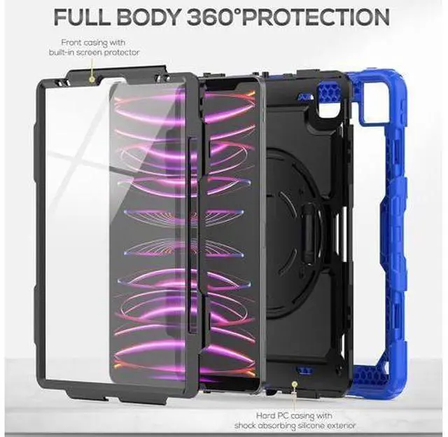 Alt view image 6 of 7 - iPad Pro 12.9 Case 2022/2021/ 2020/2018, Heavy Duty Protection Shockproof Case with Screen Protector, Rotating Stand/Handle/Shoulder Strap for iPad 12.9" 6th/ 5th/ 4th/ 3rd Gen, Blue