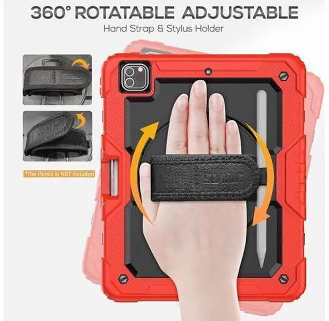Alt view image 3 of 7 - iPad Pro 12.9 Case 6th/ 5th/ 4th/ 3rd Generation, Heavy Duty Protection Shockproof Case with Screen Protector, 360° Rotating Stand/Handle/Shoulder Strap, Support Pencil 2 Charging, Red