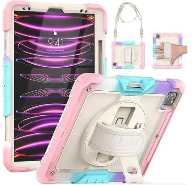 Main image of iPad Pro 12.9 Case 2022/2021/ 2020/2018, Heavy Duty Protection Shockproof Case with Screen Protector, Rotating Stand/Handle/Shoulder Strap, Supports Pencil 2 Charging, Colorful Pink