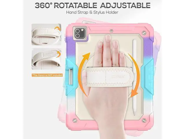 Alt view image 3 of 7 - iPad Pro 12.9 Case 2022/2021/ 2020/2018, Heavy Duty Protection Shockproof Case with Screen Protector, Rotating Stand/Handle/Shoulder Strap, Supports Pencil 2 Charging, Colorful Pink