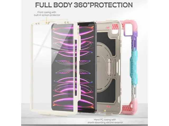 Alt view image 6 of 7 - iPad Pro 12.9 Case 2022/2021/ 2020/2018, Heavy Duty Protection Shockproof Case with Screen Protector, Rotating Stand/Handle/Shoulder Strap, Supports Pencil 2 Charging, Colorful Pink