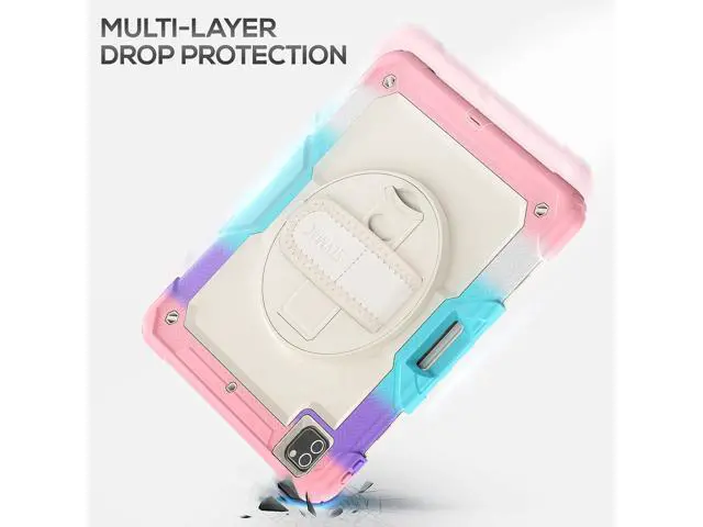 Alt view image 7 of 7 - iPad Pro 12.9 Case 2022/2021/ 2020/2018, Heavy Duty Protection Shockproof Case with Screen Protector, Rotating Stand/Handle/Shoulder Strap, Supports Pencil 2 Charging, Colorful Pink