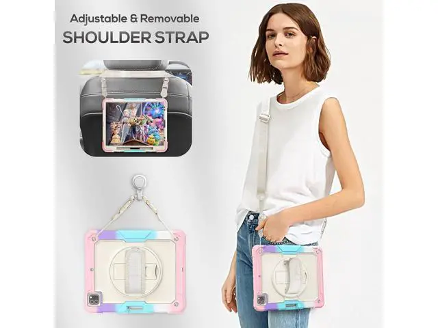 Alt view image 5 of 7 - iPad Pro 12.9 Case 2022/2021/ 2020/2018, Heavy Duty Protection Shockproof Case with Screen Protector, Rotating Stand/Handle/Shoulder Strap, Supports Pencil 2 Charging, Colorful Pink