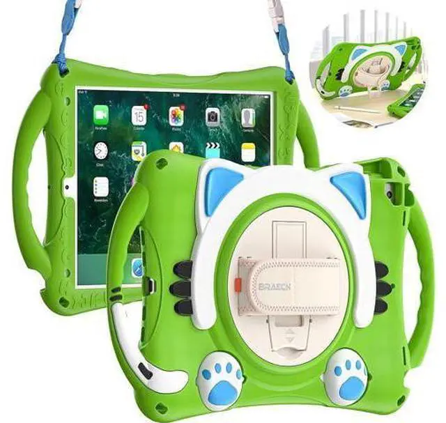 Main image of Kids Friendly Case for iPad 8th 7th Gen 10.2 2020 2019,Rubber Protective Cover with Carrying Strap, Handle Grip, Pencil Holder, Hand Strap, Kickstand for Apple iPad Air/Pro 10.5 2019/2017-Green