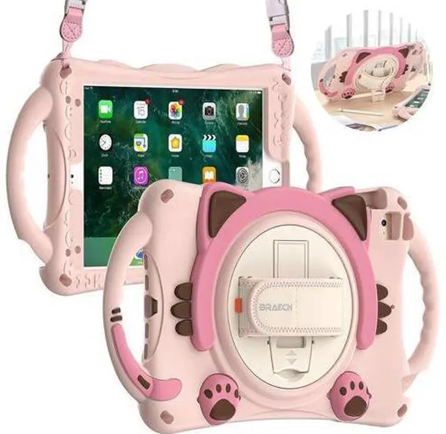 Main image of Kids Case for iPad Mini 5/4/3/2/1, Silicone Shockproof Protective Boy Girl Cute Cover with Pencil Holder, Handle Grip, Hand Strap, Kickstand, Shoulder Strap for Apple iPad Mini 7.9 Inch-Pink