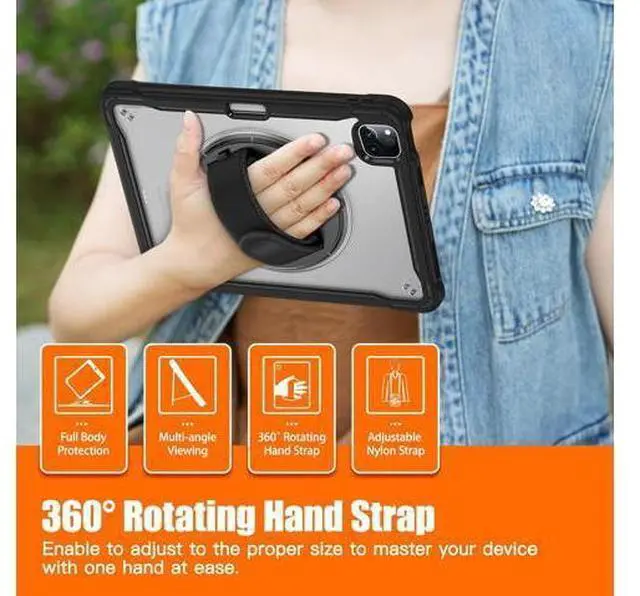 Alt view image 5 of 7 - Case for iPad Pro 12.9-inch 2022 6th M2 /2021 (5rd Generation) / iPad Pro 12.9" 4th/3rd Gen Heavy Duty Rugged Shockproof Tablet Cover with 360° Rotating Hand Strap & Shoulder Strap, Black