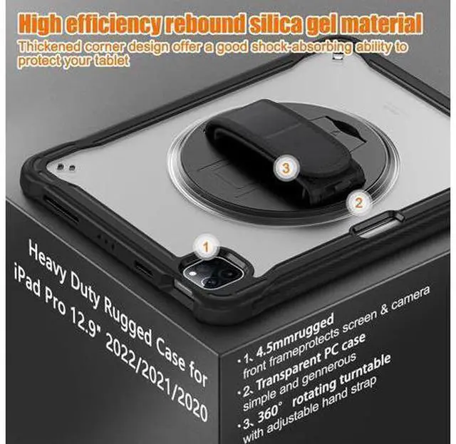 Alt view image 2 of 7 - Case for iPad Pro 12.9-inch 2022 6th M2 /2021 (5rd Generation) / iPad Pro 12.9" 4th/3rd Gen Heavy Duty Rugged Shockproof Tablet Cover with 360° Rotating Hand Strap & Shoulder Strap, Black