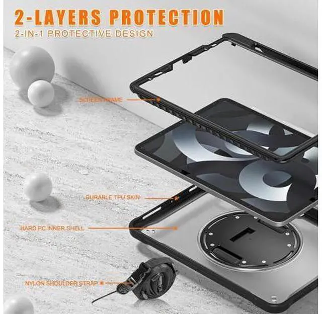 Alt view image 3 of 7 - Case for iPad Pro 12.9-inch 2022 6th M2 /2021 (5rd Generation) / iPad Pro 12.9" 4th/3rd Gen Heavy Duty Rugged Shockproof Tablet Cover with 360° Rotating Hand Strap & Shoulder Strap, Black