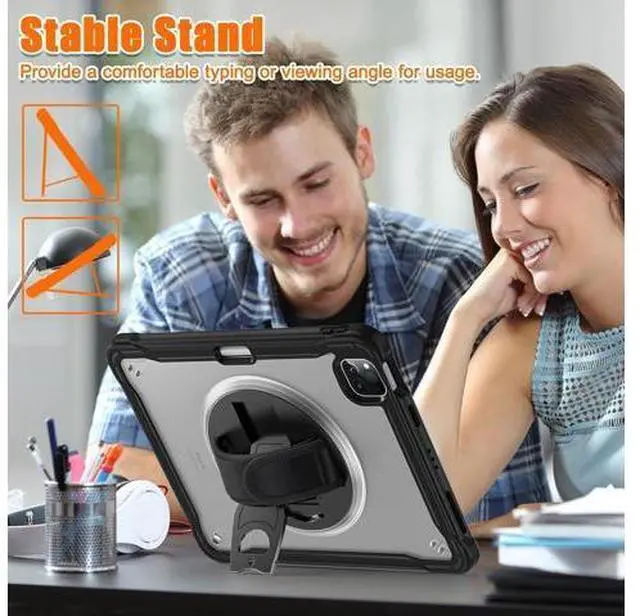 Alt view image 6 of 7 - Case for iPad Pro 12.9-inch 2022 6th M2 /2021 (5rd Generation) / iPad Pro 12.9" 4th/3rd Gen Heavy Duty Rugged Shockproof Tablet Cover with 360° Rotating Hand Strap & Shoulder Strap, Black
