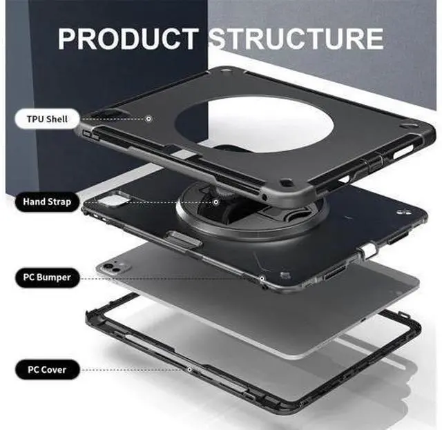 Alt view image 3 of 7 - Case for iPad Pro 13-inch (M4) 2024 (7th Gen), 3 Layer Military Grade Shockproof Case with 360° Swivel Stand - Handle - Shoulder Strap - Pencil Holder,Black