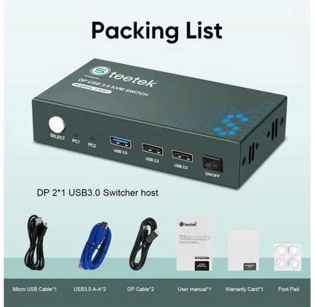 Alt view image 7 of 7 - Steetek 2 Port DP USB 3.0 KVM Switch 4K@60Hz, KVM Switch Displayport 2 in 1 Out. KVM Switch for 2 Computer Share 1 Monitor and USB 3.0 Hub, Button Switch, with 2 DP and 2 USB 3.0 Cable