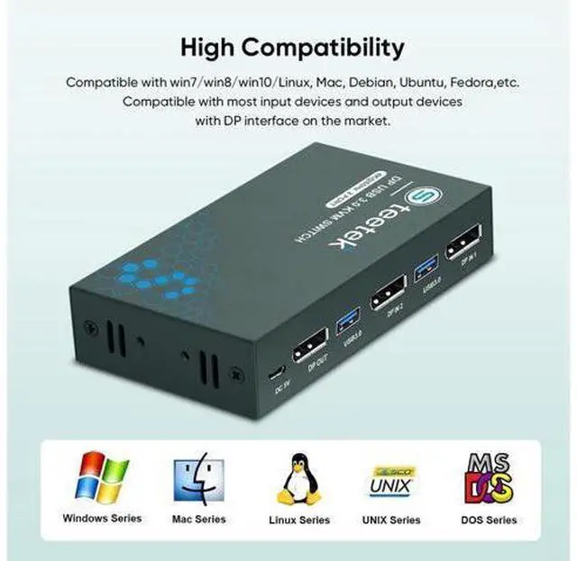 Alt view image 6 of 7 - Steetek 2 Port DP USB 3.0 KVM Switch 4K@60Hz, KVM Switch Displayport 2 in 1 Out. KVM Switch for 2 Computer Share 1 Monitor and USB 3.0 Hub, Button Switch, with 2 DP and 2 USB 3.0 Cable