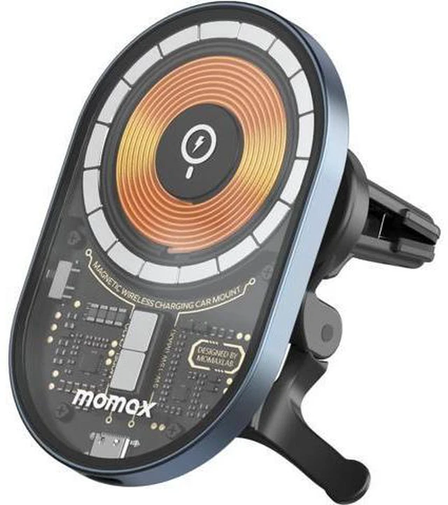 Main image of MOMAX Magnetic Wireless Charging Car Charger, Transparent Mag-Safe Compatible Charging Air Vent Mount, Compatible with iPhone 14/14 Max/14Pro/14Pro Max/13/13 Pro/13 Pro Max/12Series and Magnetic Case
