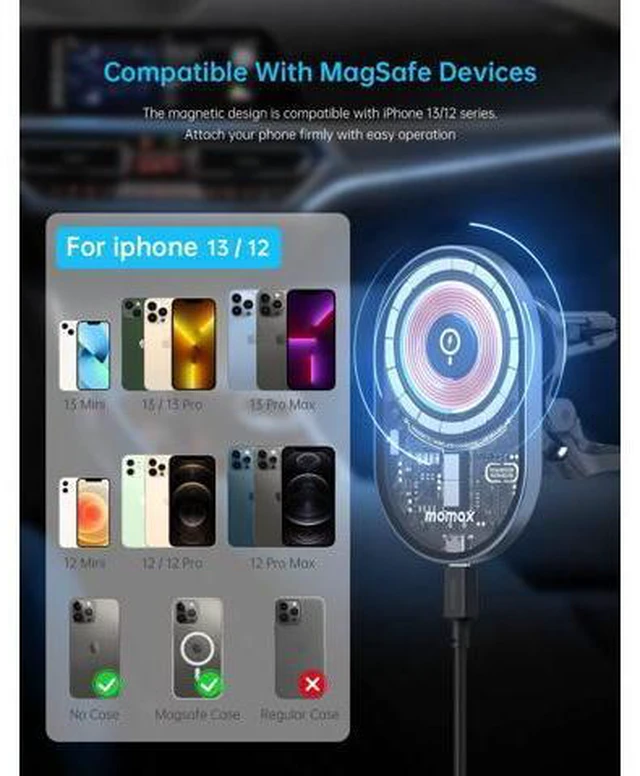 Alt view image 4 of 7 - MOMAX Magnetic Wireless Charging Car Charger, Transparent Mag-Safe Compatible Charging Air Vent Mount, Compatible with iPhone 14/14 Max/14Pro/14Pro Max/13/13 Pro/13 Pro Max/12Series and Magnetic Case