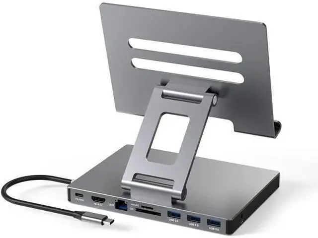 Main image of USB-C Docking Station with Foldable Aluminum Tablet Stand, Multiport Type C Hub and 9-in-1 Adapter for iPad Pro M4 M2 13 12.9 11 Inch 4K 60Hz HDMI, RJ45 Gigabit Ethernet, SD/TF 3 USB 3.0, 3.5 mm Audio